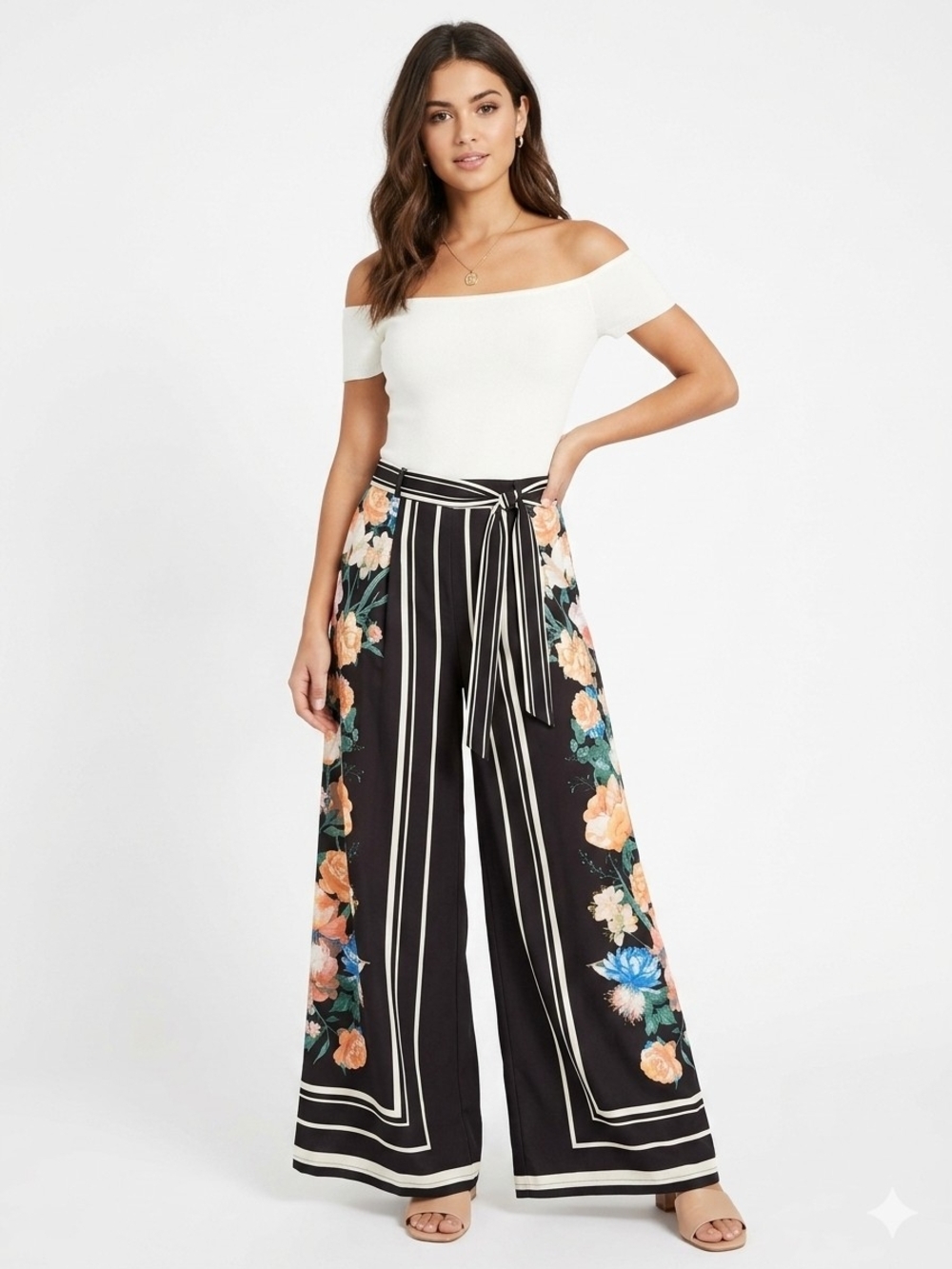 Jealous Tomato Rio Wide Leg Palazzo Pants NWT Stripe Floral Border Large